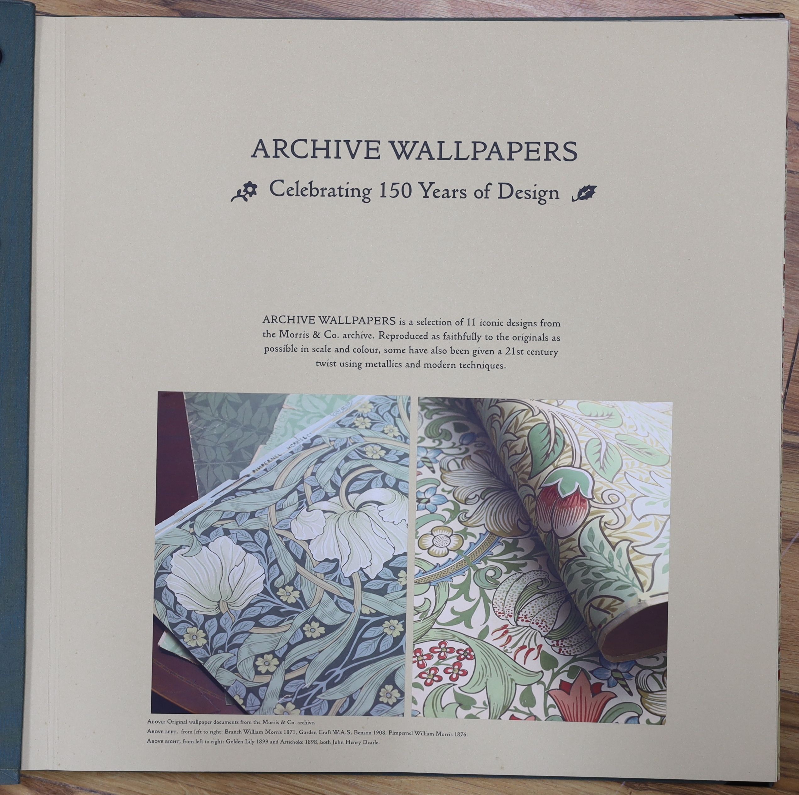 A contemporary William Morris & Co. archive wallpaper pattern book celebrating 150 years of Morris and Co. Design, together with G.P. & J Baker linen pattern book (2)